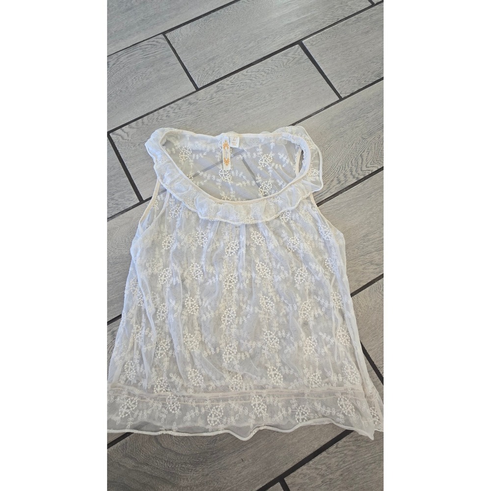 Adiva Cream Sheer Mesh Floral Embroidered Ruffle Neck Sleeveless Top Large